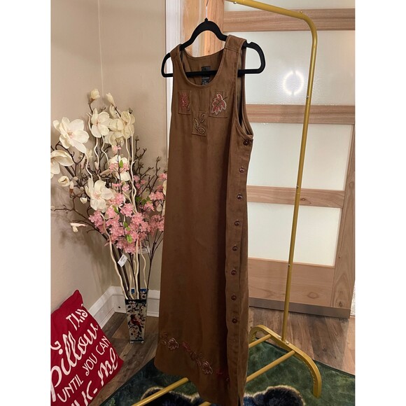 Erika Brown Suede Maxi Dress Nature Embroidered Vintage Style sz Petite Small - Picture 3 of 9